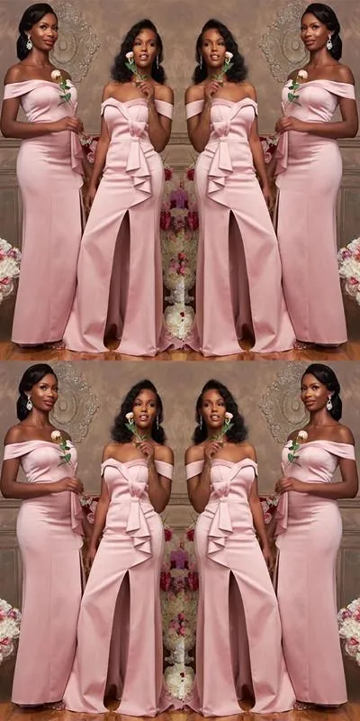 Pink Mermaid Off Shoulder Side Slit Cheap Long Bridesmaid Dresses Online,WG1170