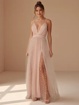 Polka Dot Mesh Open Back Maxi Dress