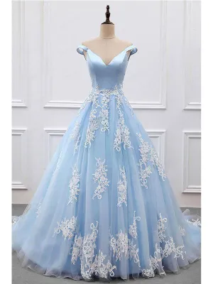 Princess Prom Dresses A-line V-neck Sky Blue Off the Shoulder Quinceanera Dresses, QB0299