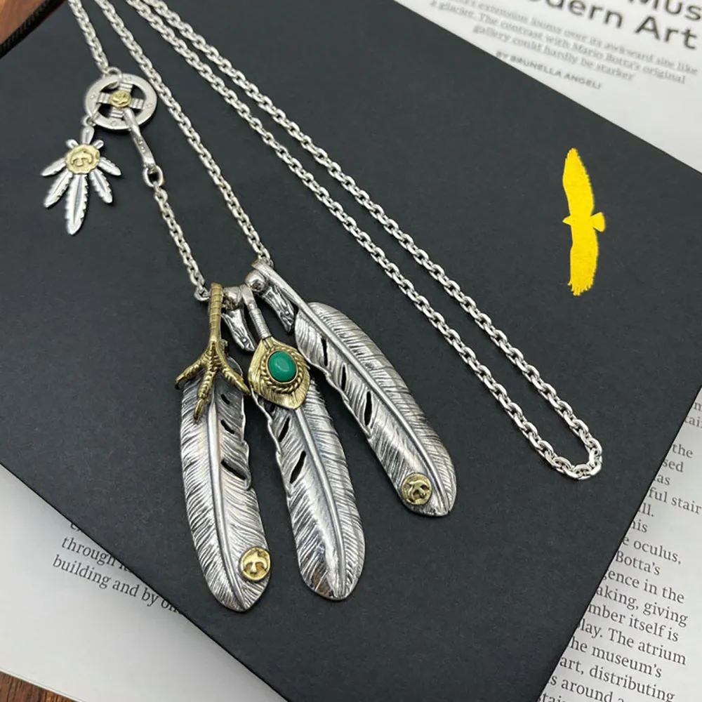 Real Solid 925 Sterling Silver Turquoise Necklace Pendant Feather Eagle Claw Punk Hip Hop Jewelry 22"-30"