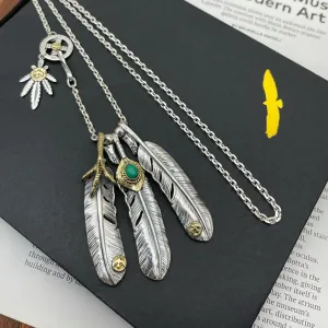 Real Solid 925 Sterling Silver Turquoise Necklace Pendant Feather Eagle Claw Punk Hip Hop Jewelry 22"-30"