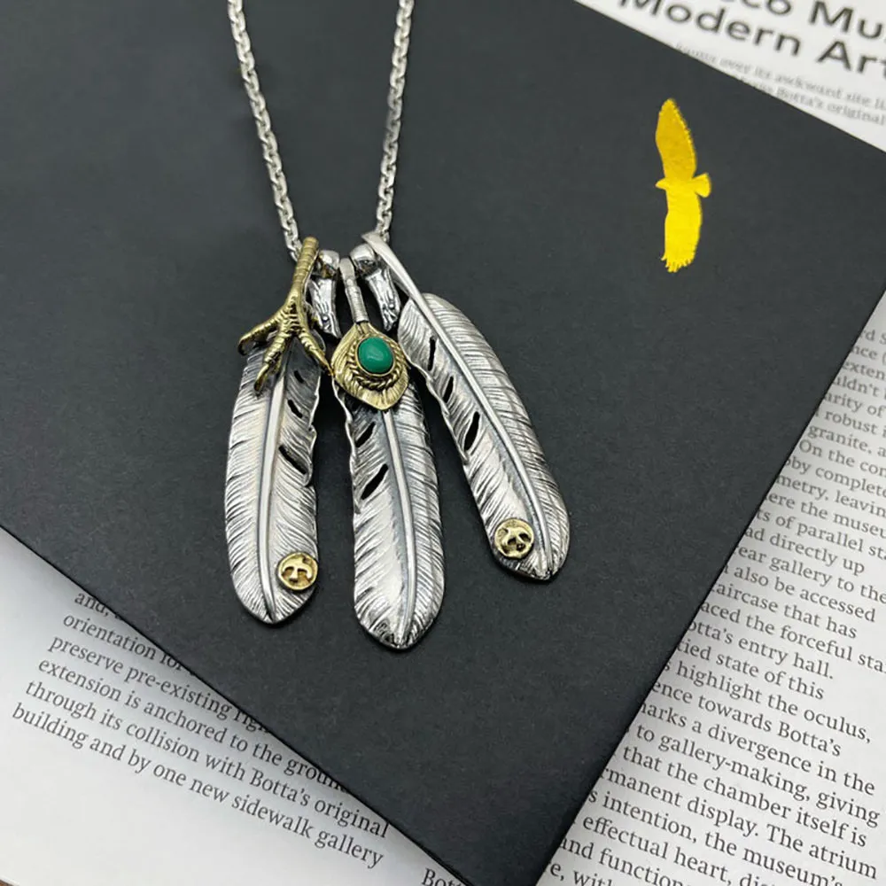 Real Solid 925 Sterling Silver Turquoise Necklace Pendant Feather Eagle Claw Punk Hip Hop Jewelry 22"-30"