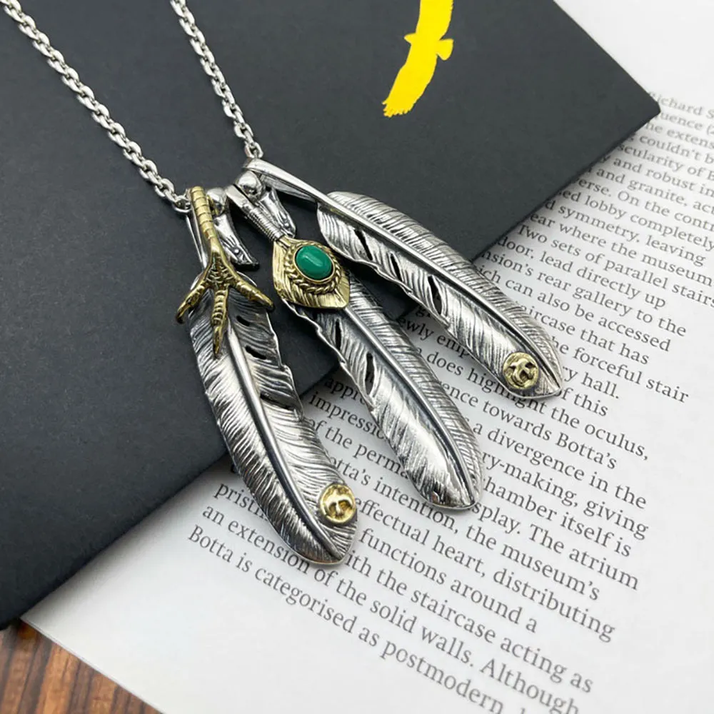 Real Solid 925 Sterling Silver Turquoise Necklace Pendant Feather Eagle Claw Punk Hip Hop Jewelry 22"-30"