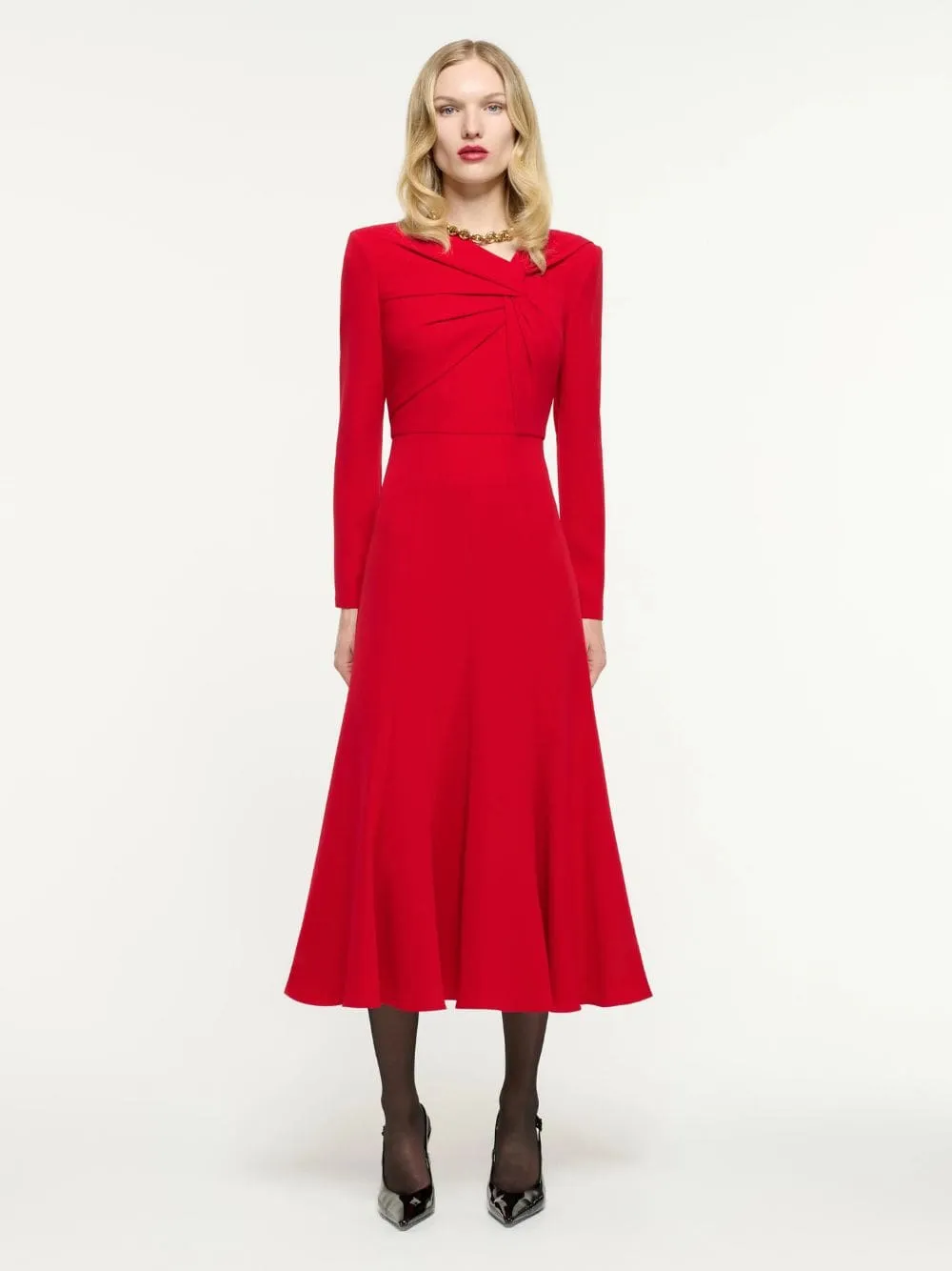 Red Long Sleeve Light Cady Midi Dress