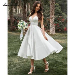 Roycebridal A-Line/Princess Spaghetti Strap Wedding Dress Ruffles V-neck Sleeveless Soft Satin Tea-Length Backless Simple vestidos de novia