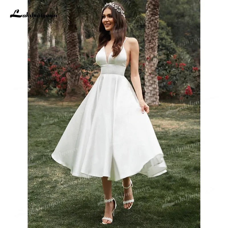 Roycebridal A-Line/Princess Spaghetti Strap Wedding Dress Ruffles V-neck Sleeveless Soft Satin Tea-Length Backless Simple vestidos de novia
