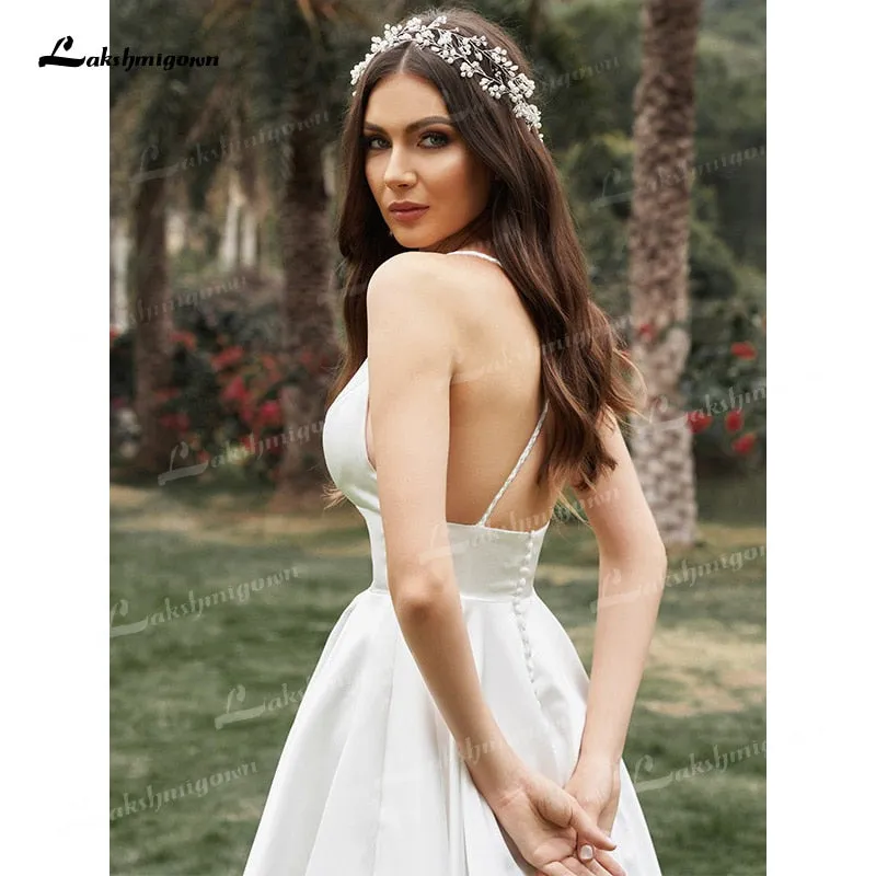 Roycebridal A-Line/Princess Spaghetti Strap Wedding Dress Ruffles V-neck Sleeveless Soft Satin Tea-Length Backless Simple vestidos de novia