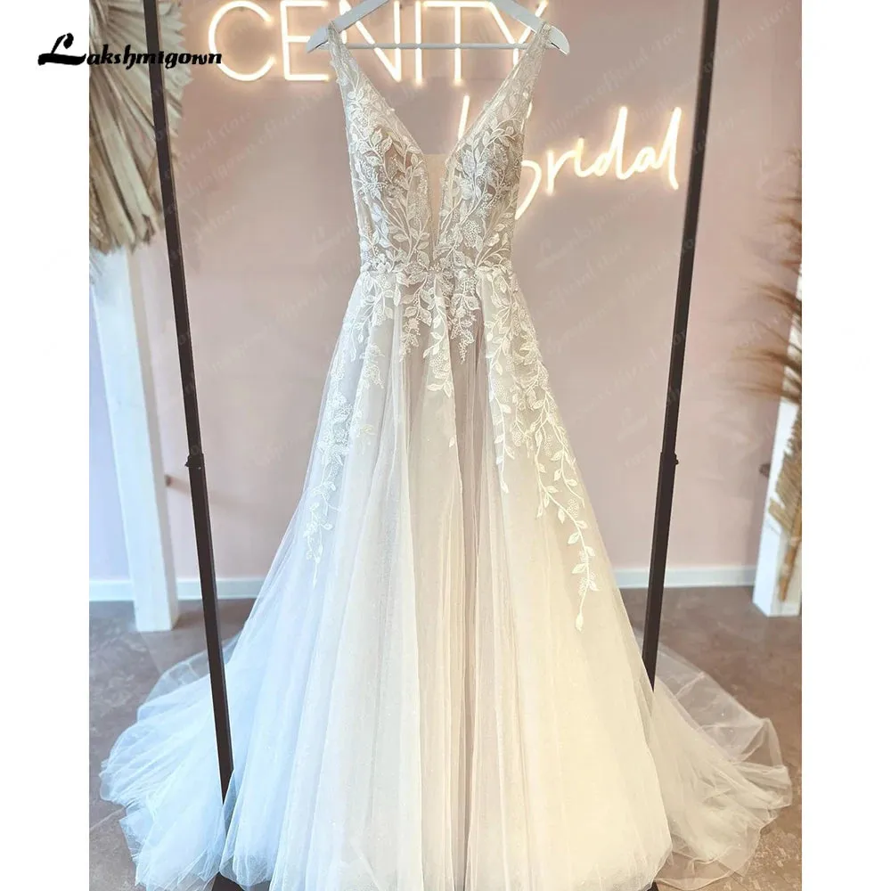 Roycebridal Deep V Neck Lace Floral Sleeveless Boho Wedding Dress Beach Open Back 2025 Vestido de Noiva Bridal Gowns for Women
