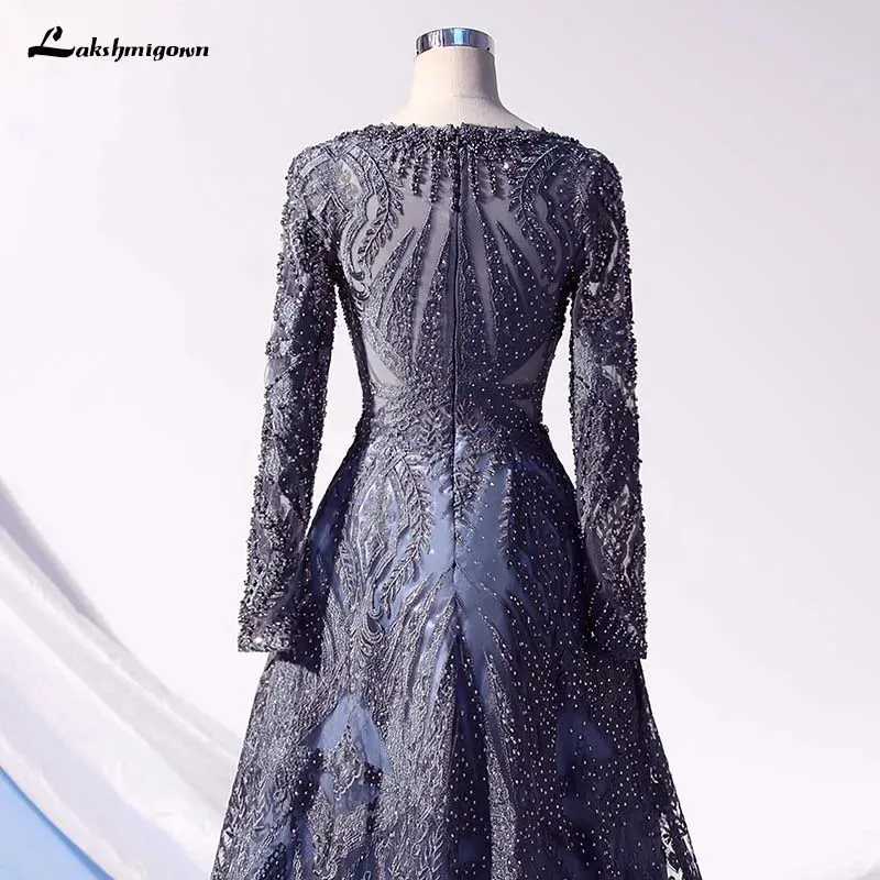 Roycebridal Lakshmigown Dubai Luxury Long Sleeves Evening Dresses Navy Blue O-Neck Crystal Evening Gowns Robe de Soiree