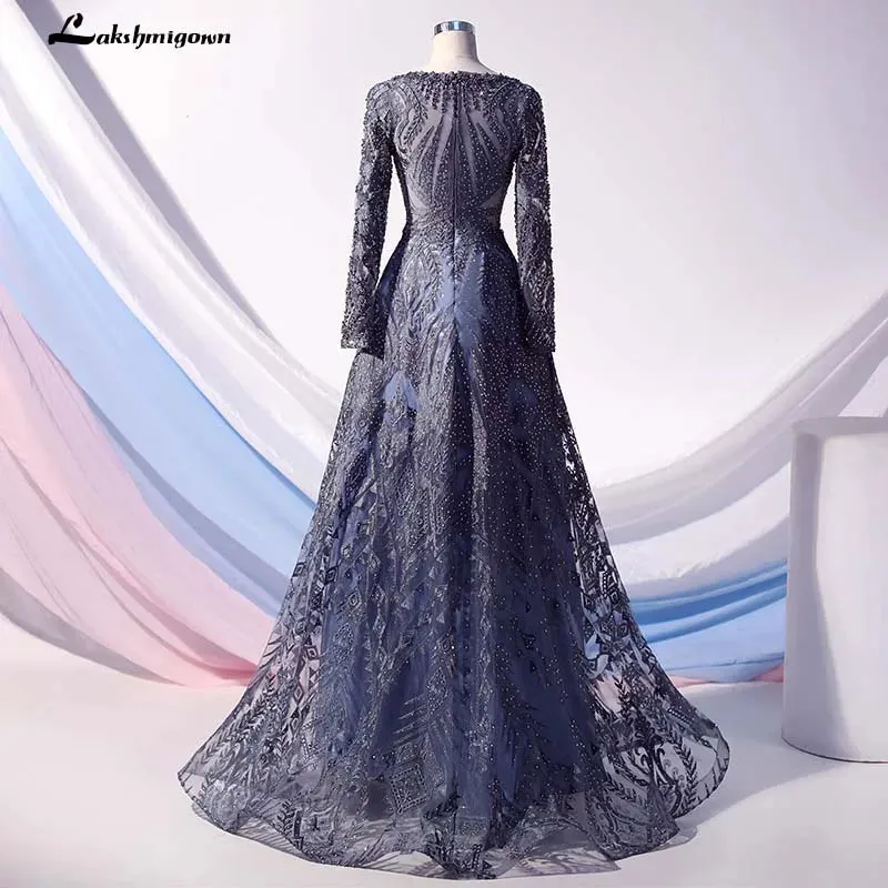 Roycebridal Lakshmigown Dubai Luxury Long Sleeves Evening Dresses Navy Blue O-Neck Crystal Evening Gowns Robe de Soiree