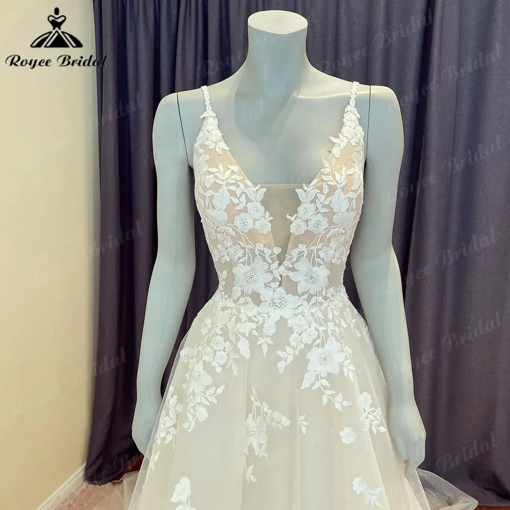 Roycebridal Summer Robe Civil Lace Boho Wedding Dress with V Neck  Spaghetti Straps Bridal Gown Custom Made vestido de novia Roycebridal