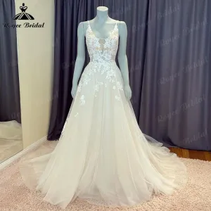 Roycebridal Summer Robe Civil Lace Boho Wedding Dress with V Neck  Spaghetti Straps Bridal Gown Custom Made vestido de novia Roycebridal