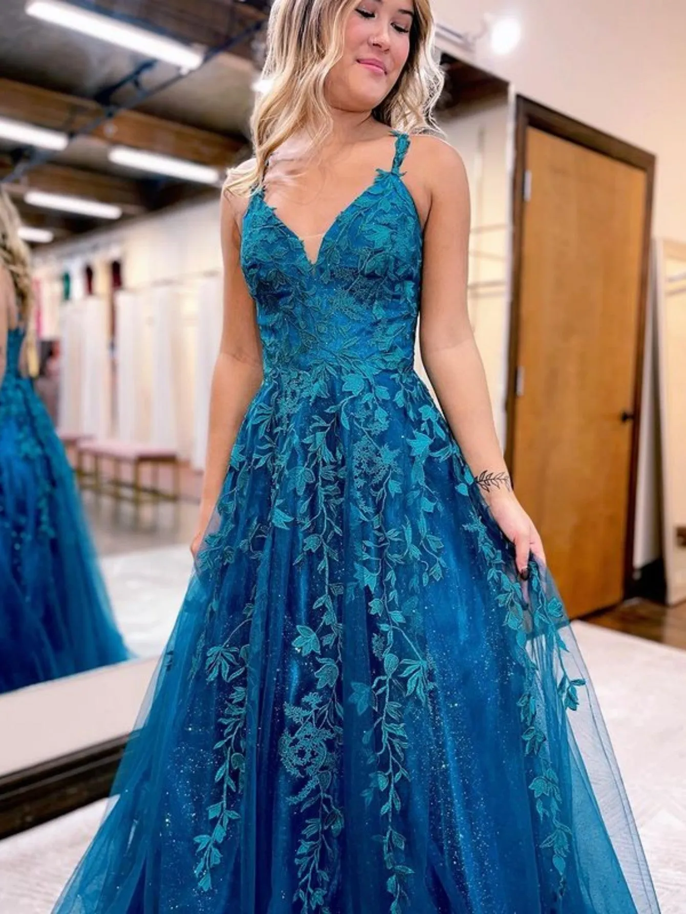 Roycebridal Veronica |A Line Ink Blue Glitter Tulle Lace Prom Dress