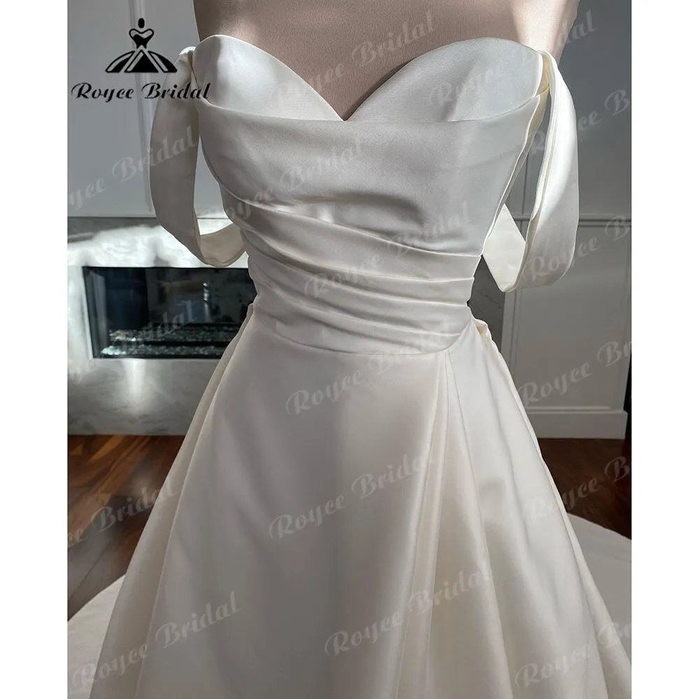 Roycebridal Vintage Off the Shoulder Satin Sweetheart Neckline Pleats Wedding Dress with Cap Short Sleeve 2025 Bridal Gowns robe de mariée