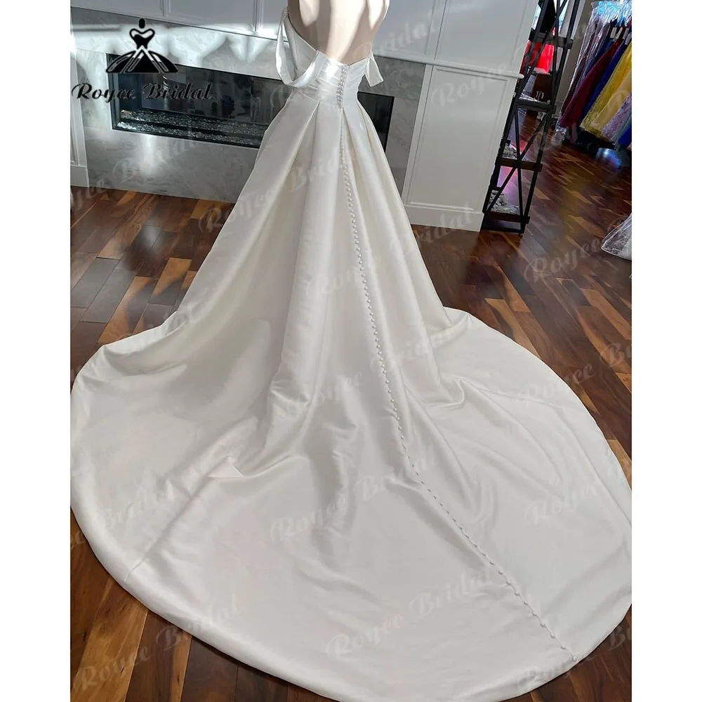 Roycebridal Vintage Off the Shoulder Satin Sweetheart Neckline Pleats Wedding Dress with Cap Short Sleeve 2025 Bridal Gowns robe de mariée