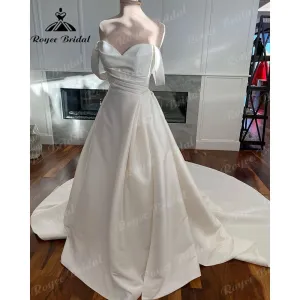 Roycebridal Vintage Off the Shoulder Satin Sweetheart Neckline Pleats Wedding Dress with Cap Short Sleeve 2025 Bridal Gowns robe de mariée