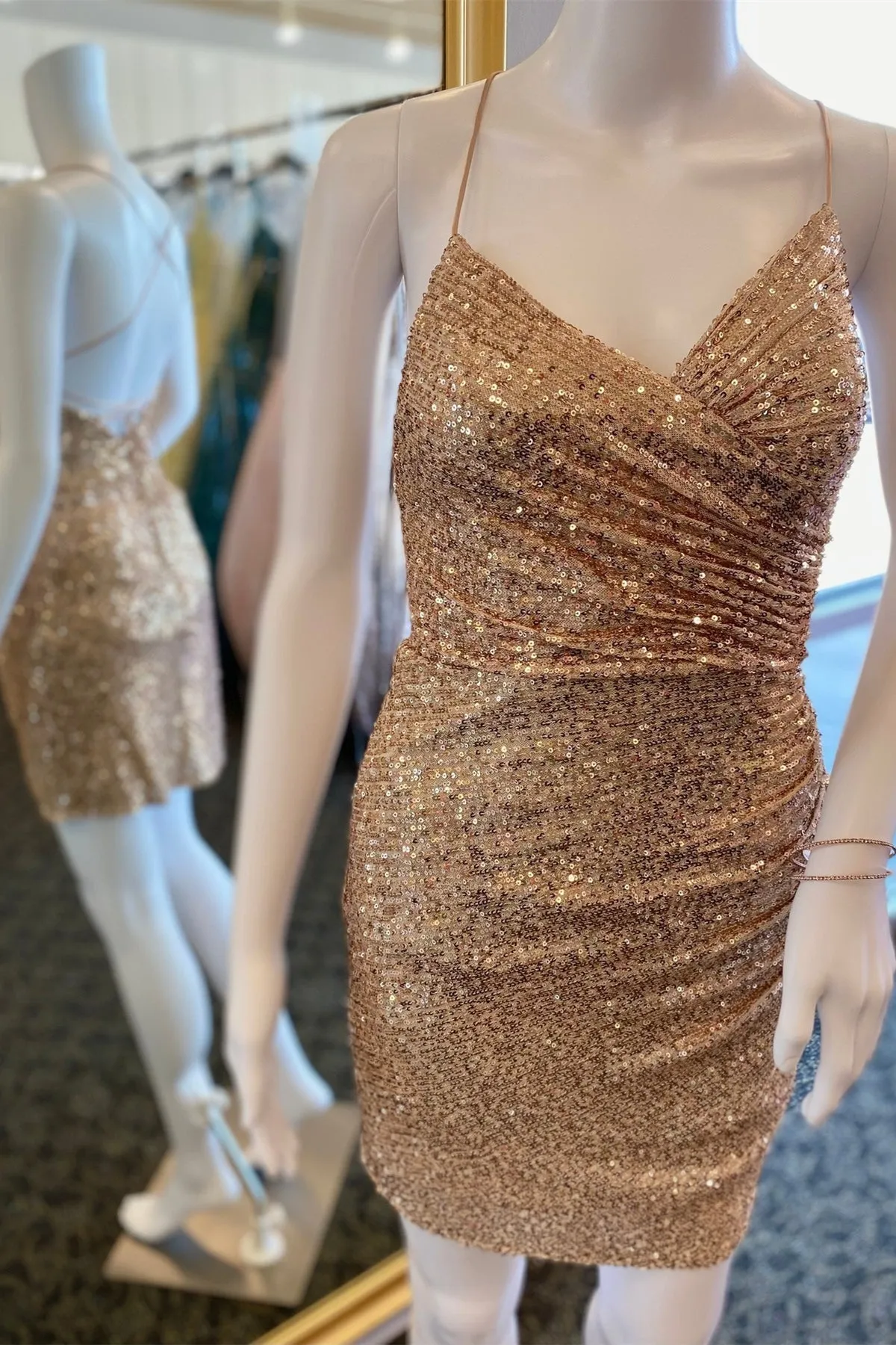 Ruched Champagne Sequin Bodycon Mini Party Dress
