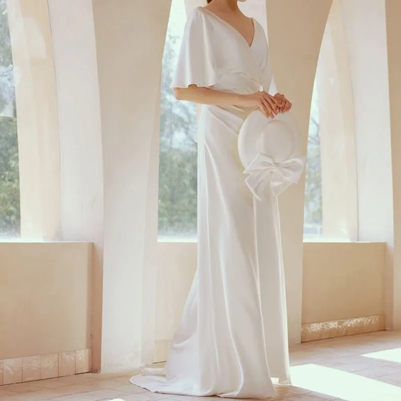 Ruffled Backless V-Shape White Satin Wedding Dress