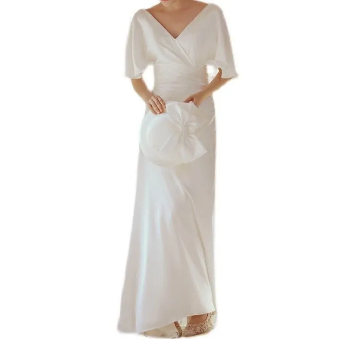 Ruffled Backless V-Shape White Satin Wedding Dress