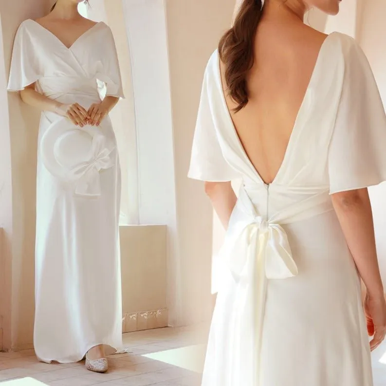 Ruffled Backless V-Shape White Satin Wedding Dress