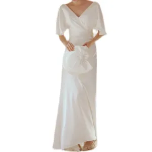 Ruffled Backless V-Shape White Satin Wedding Dress