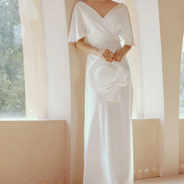 Ruffled Backless V-Shape White Satin Wedding Dress