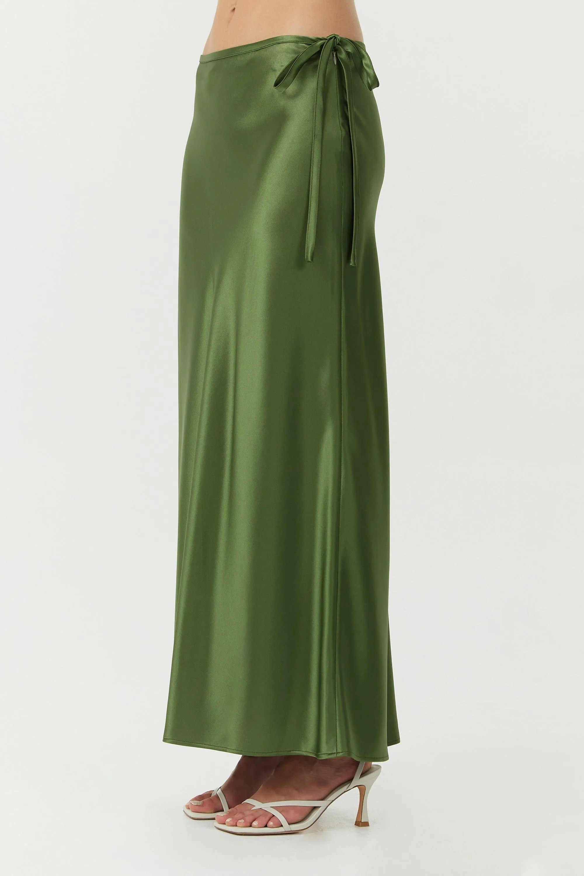 SATIN BIAS TIE SIDE SKIRT | OLIVE