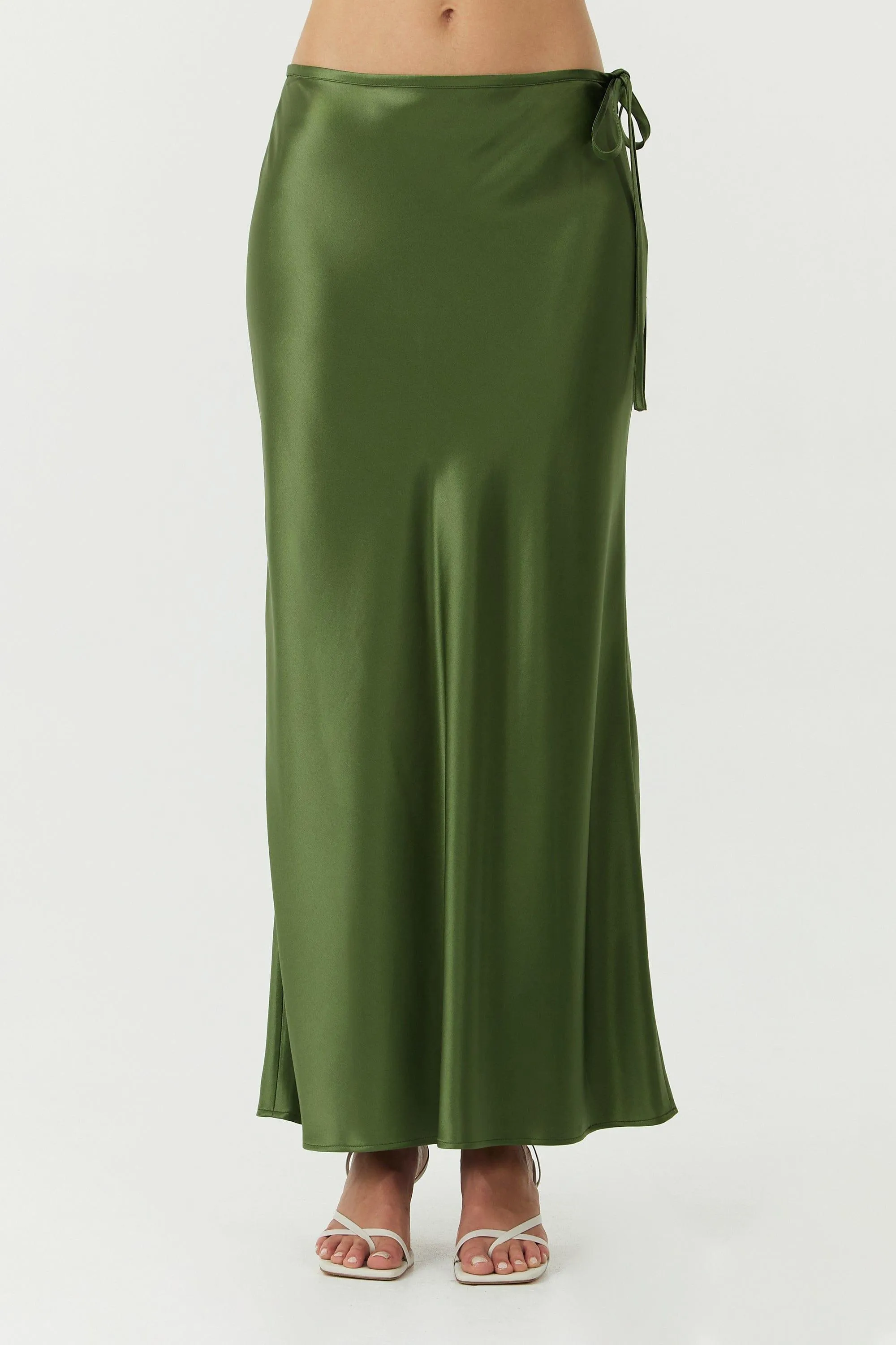 SATIN BIAS TIE SIDE SKIRT | OLIVE