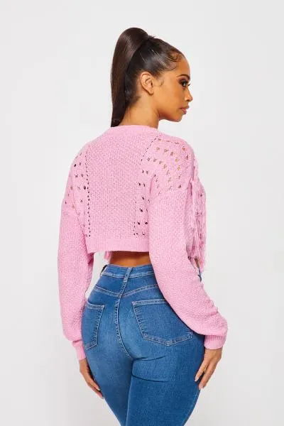 Secret Admirer Fringe Cropped Sweater - Pink -