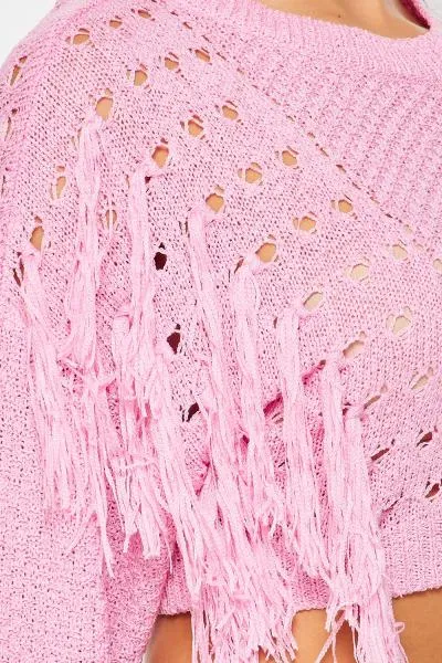 Secret Admirer Fringe Cropped Sweater - Pink -