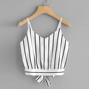 Self Tie Back Striped Crop Top