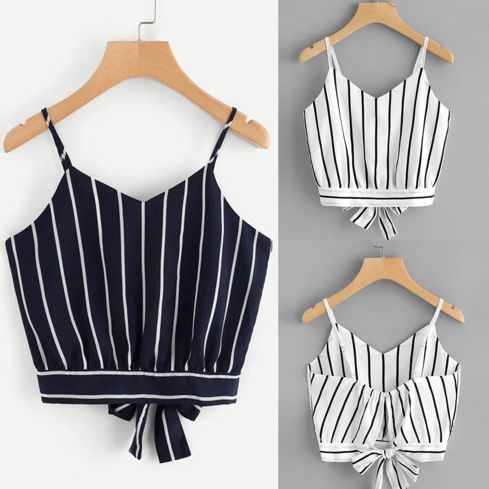 Self Tie Back Striped Crop Top