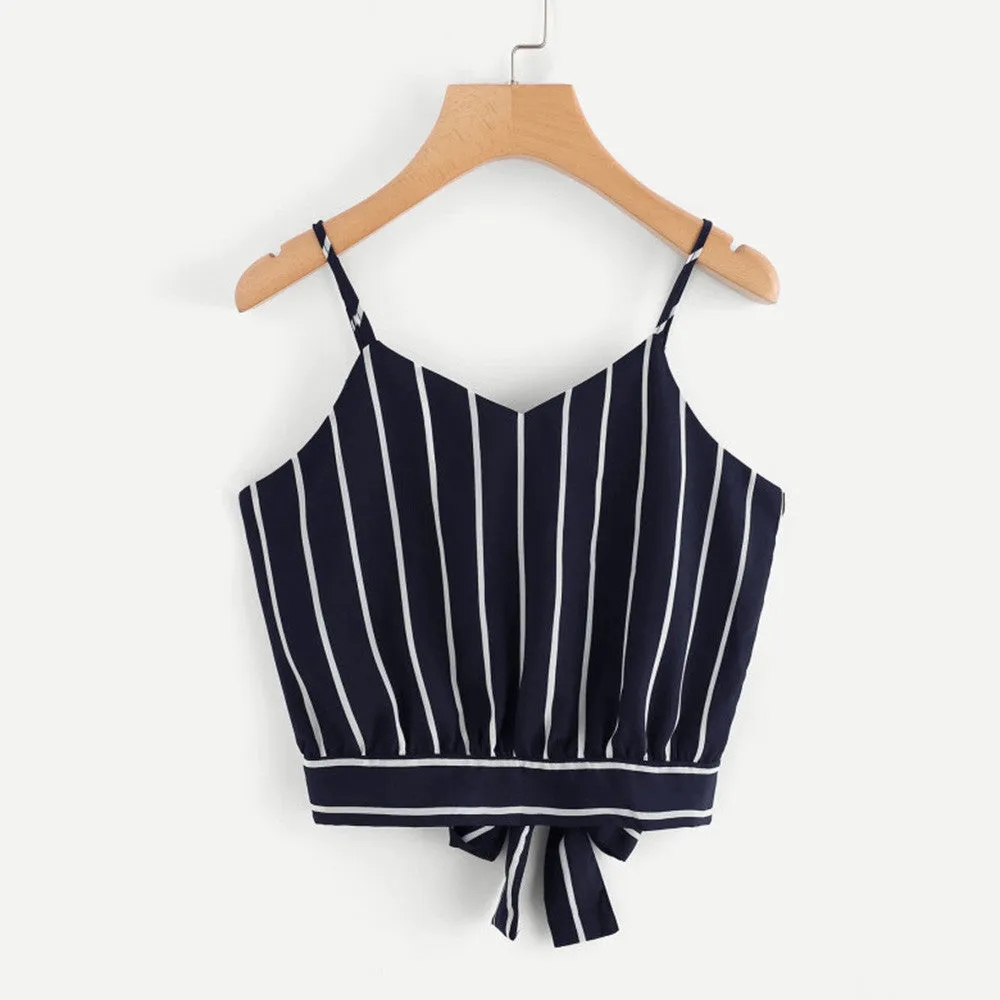 Self Tie Back Striped Crop Top
