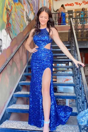 Sexy Halter Royal Blue Sequin Mermaid Long Prom Dress