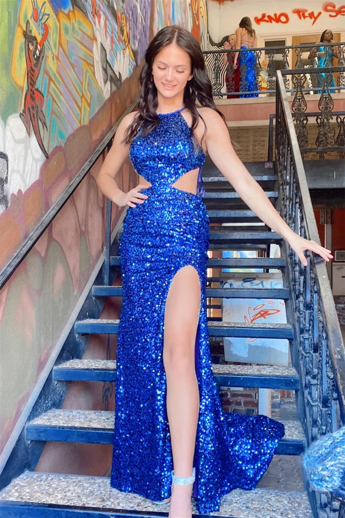 Sexy Halter Royal Blue Sequin Mermaid Long Prom Dress