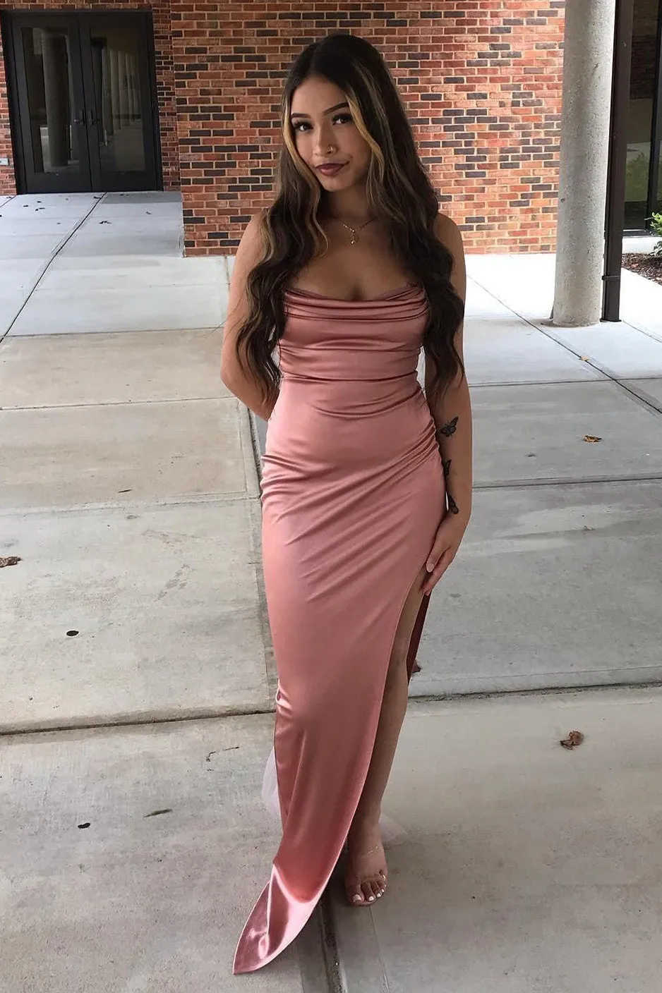 Sexy Mermaid Red Straps Long Party Dress with Slit