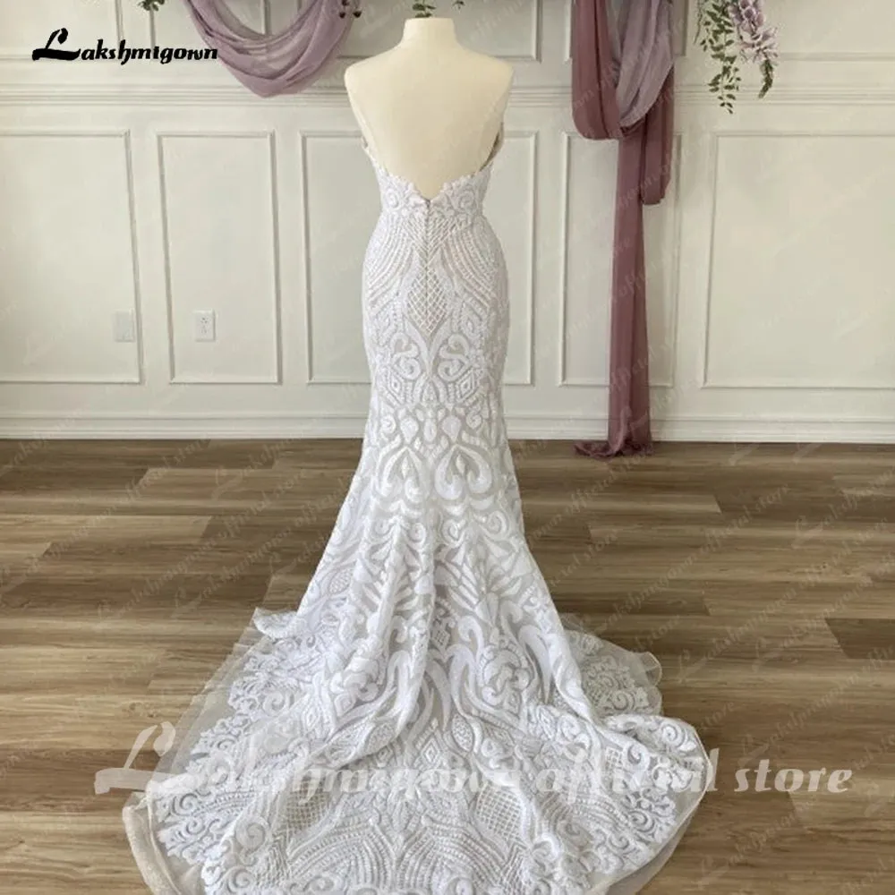 Sexy Mermaid Sequined Lace Wedding Dresses 2023 Sweetheart Spaghetti Straps Bride Dress With Train Custom Made Robe De Mariee