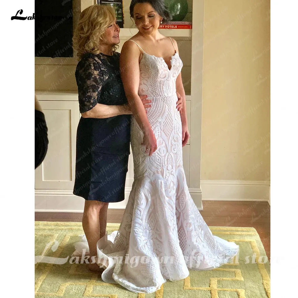 Sexy Mermaid Sequined Lace Wedding Dresses 2023 Sweetheart Spaghetti Straps Bride Dress With Train Custom Made Robe De Mariee