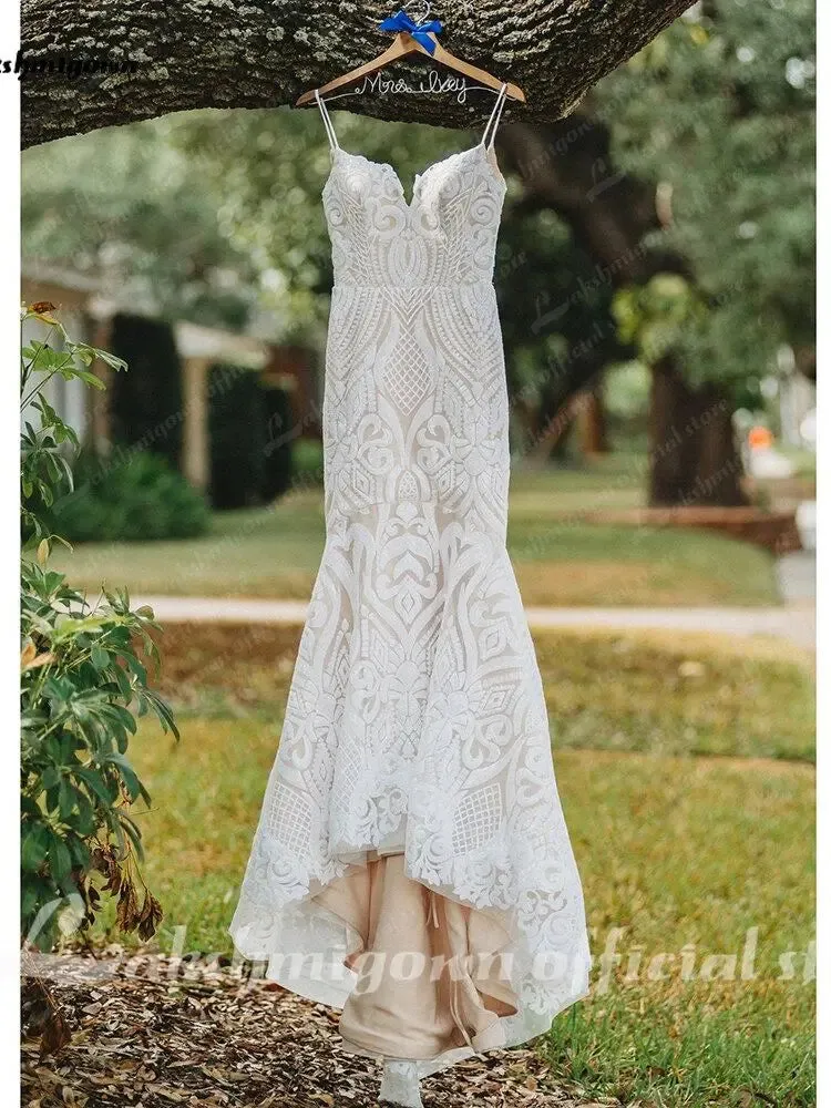 Sexy Mermaid Sequined Lace Wedding Dresses 2023 Sweetheart Spaghetti Straps Bride Dress With Train Custom Made Robe De Mariee