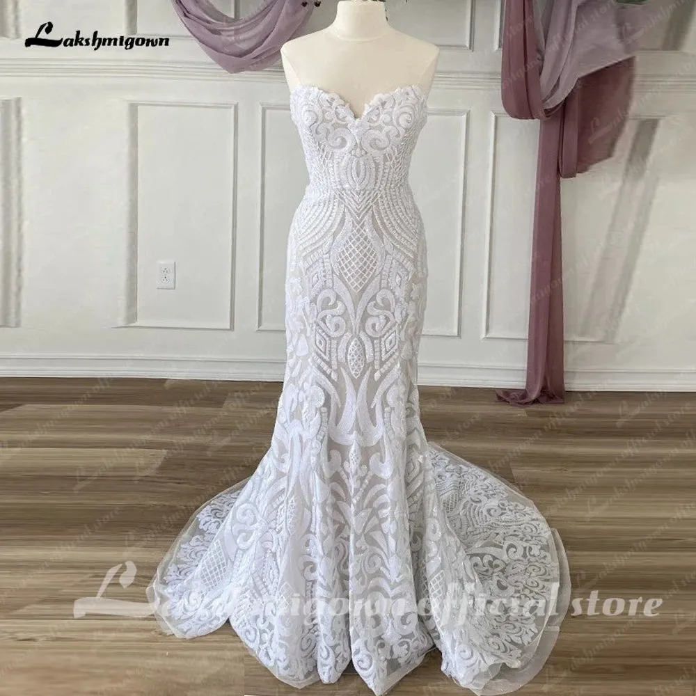 Sexy Mermaid Sequined Lace Wedding Dresses 2023 Sweetheart Spaghetti Straps Bride Dress With Train Custom Made Robe De Mariee