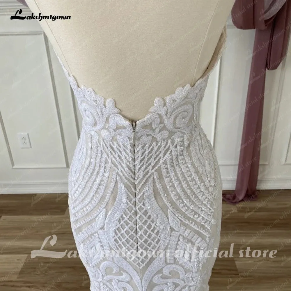 Sexy Mermaid Sequined Lace Wedding Dresses 2023 Sweetheart Spaghetti Straps Bride Dress With Train Custom Made Robe De Mariee