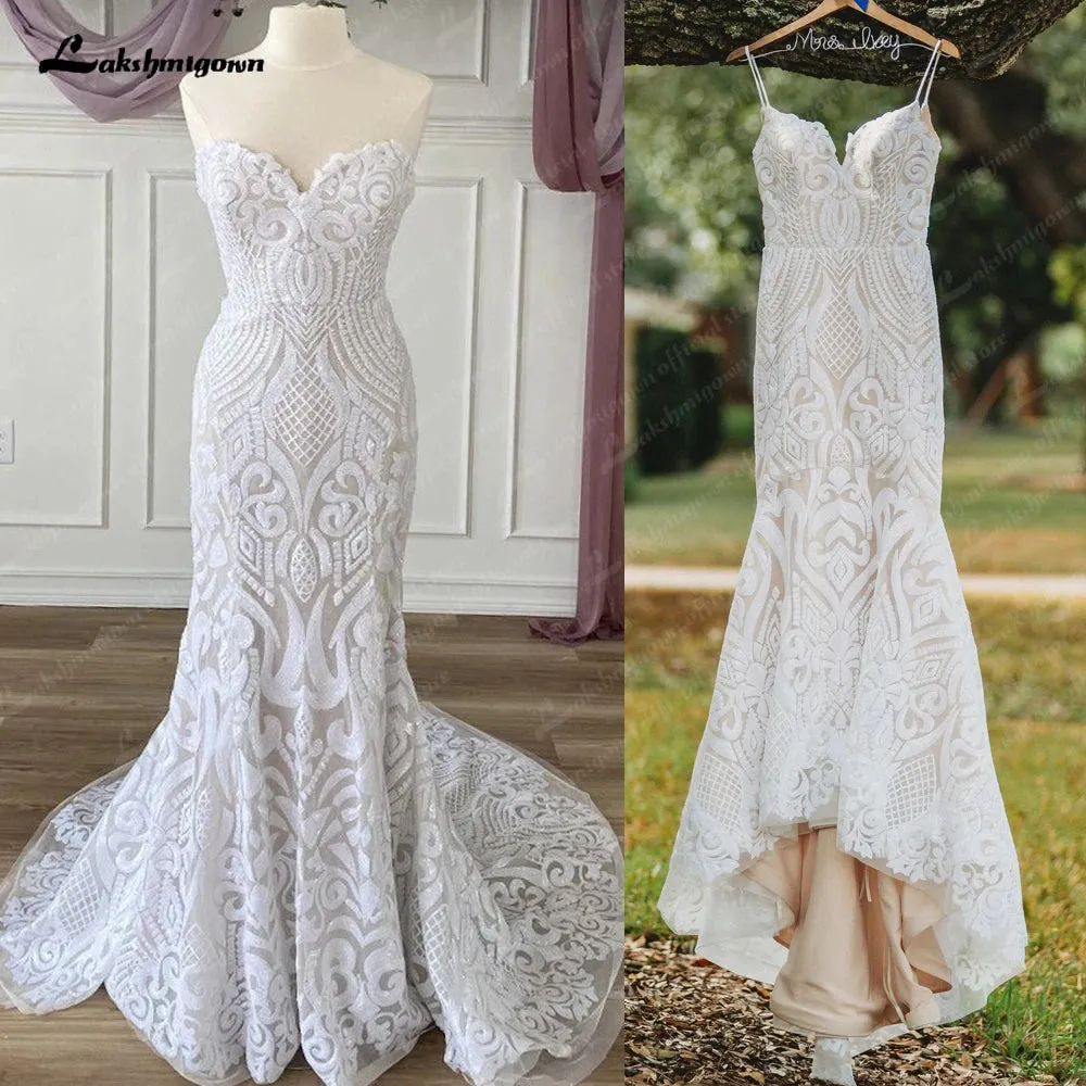 Sexy Mermaid Sequined Lace Wedding Dresses 2023 Sweetheart Spaghetti Straps Bride Dress With Train Custom Made Robe De Mariee