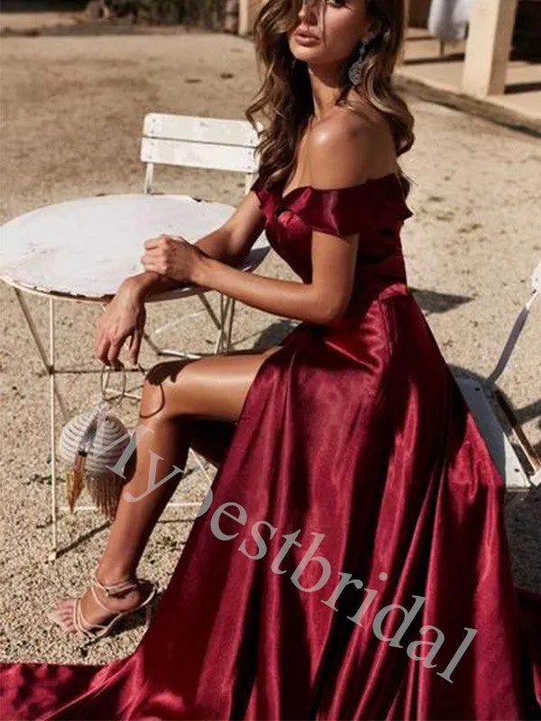 Sexy Off shoulder Sleeveless Side slit A-line Prom Dresses,PDS1001