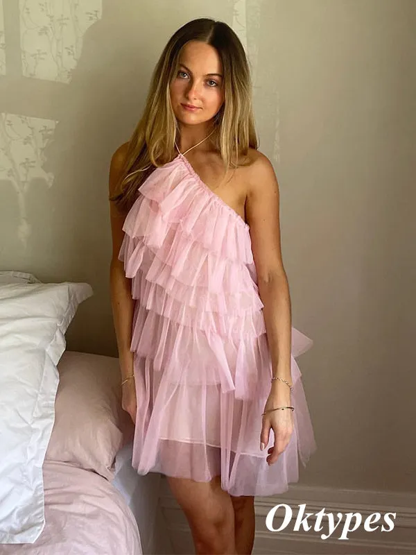 Sexy Pink Tulle Halter A-Line Mini Dresses/ Homecoming Dresses, PDS0550