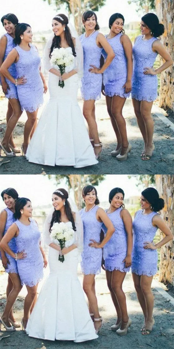 Sexy Round Neck Sleeveless Lavender Lace Short Cheap Bridesmaid Dresses Online, QB0168