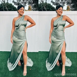 Sexy Sage Green Mermaid One Shoulder Side Slit Maxi Long Bridesmaid Dresses For Wedding,WG1767