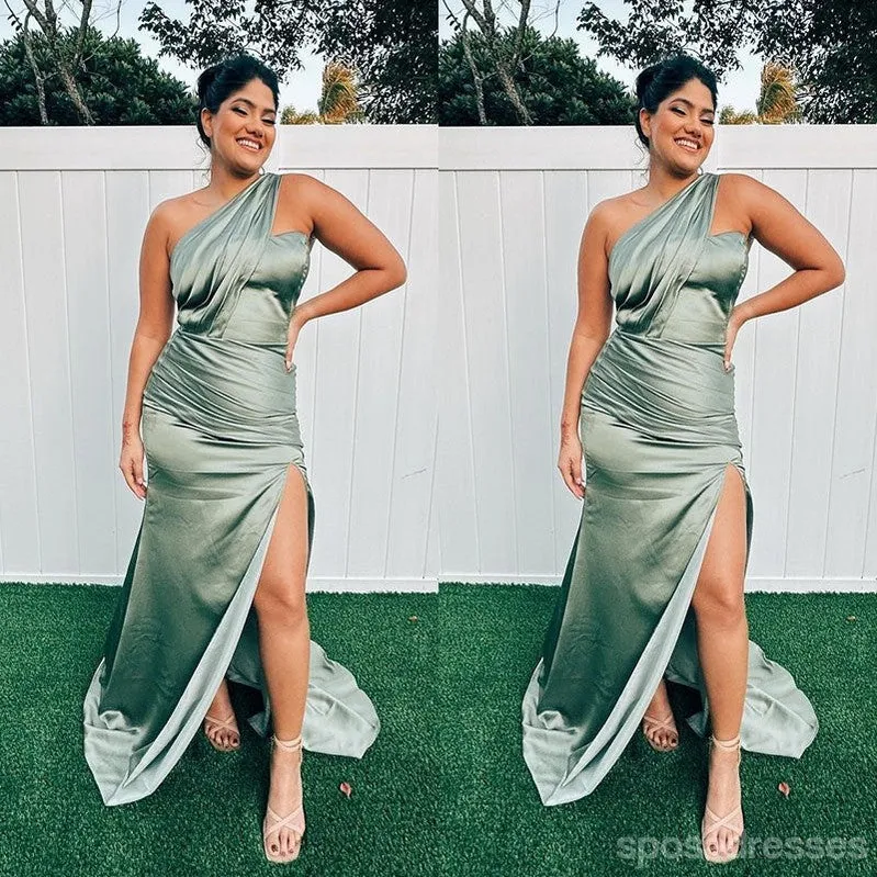 Sexy Sage Green Mermaid One Shoulder Side Slit Maxi Long Bridesmaid Dresses For Wedding,WG1767