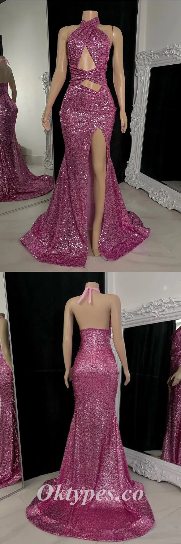 Sexy Sequin Halter Sleeveless OPen Back Side Slit Mermaid Long Prom Dresses,PDS0534