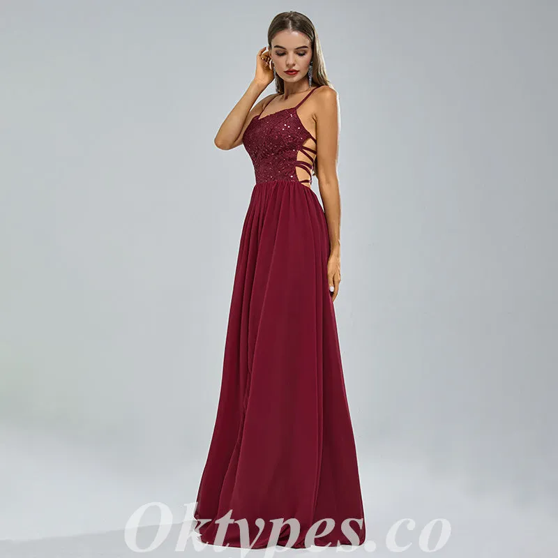 Sexy Sequin Top Chiffon Bottom Spaghetti Straps Criss Cross A-Line Long Prom Dresses,PDS0457