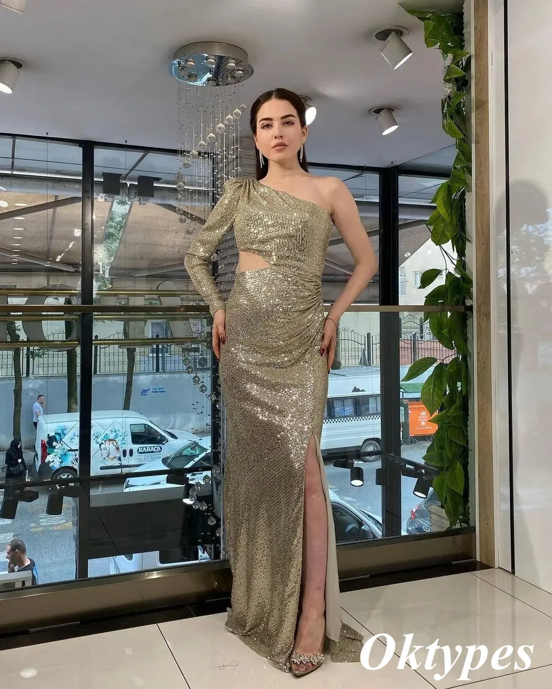 Sexy Shiny Sequin One Shoulder Long Sleeve Side Slit Mermaid Long Prom Dresses, PDS1000